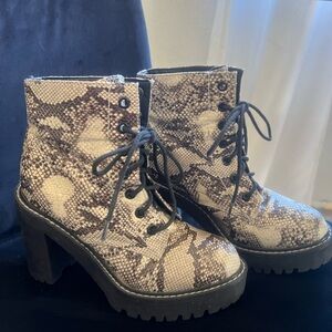 Beige and Black Snake Print Lace Up Boots